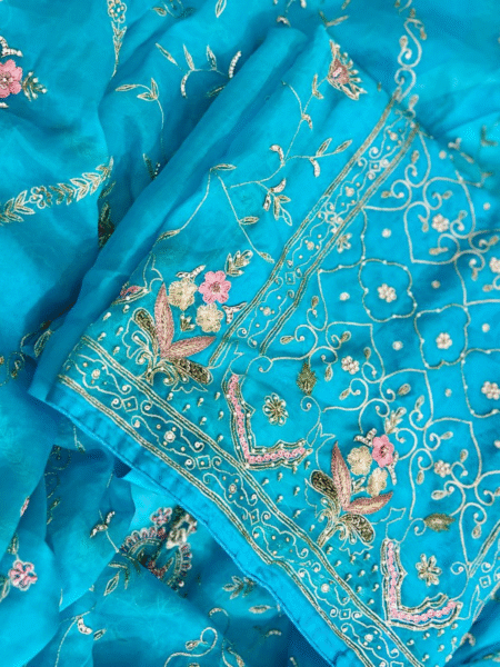 Peacock Blue Hand-Embroidered Organza Set