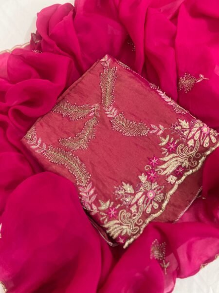 Deep Rani Pink Hand-Embroidered Chiffon Ensemble