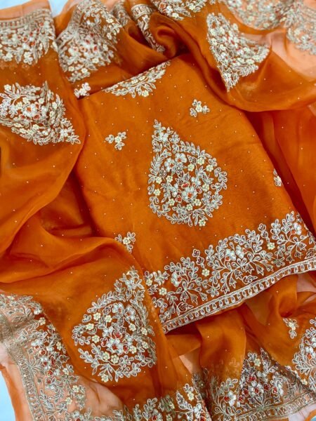 Amber Glow Organza Ensemble with Sequin & Thread Embroidery