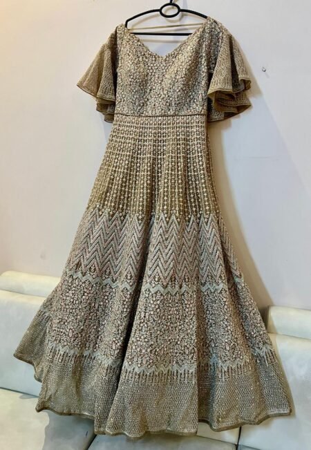 Golden-Beige Gown with Chevron & Floral Embroidery